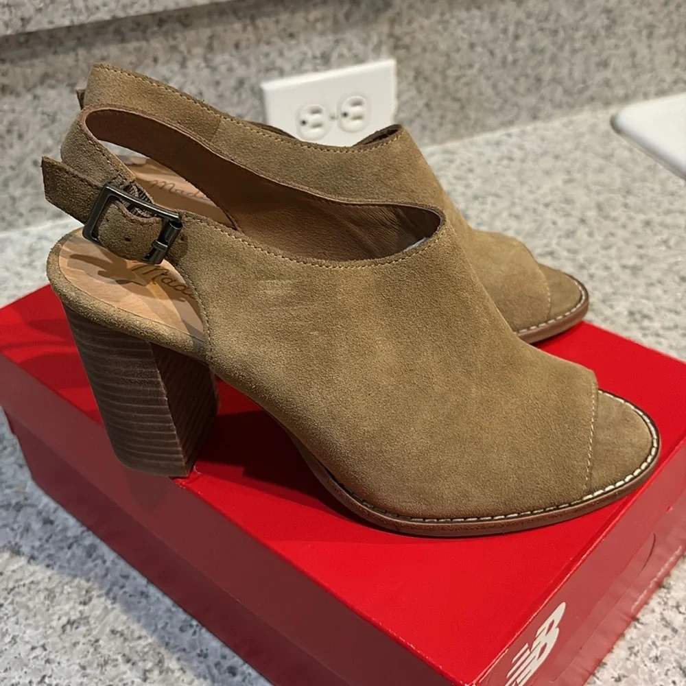 Madewell Suede Slingback Cary Block Tan Peep Toe Heels Sz 8 - Picture 3 of 15